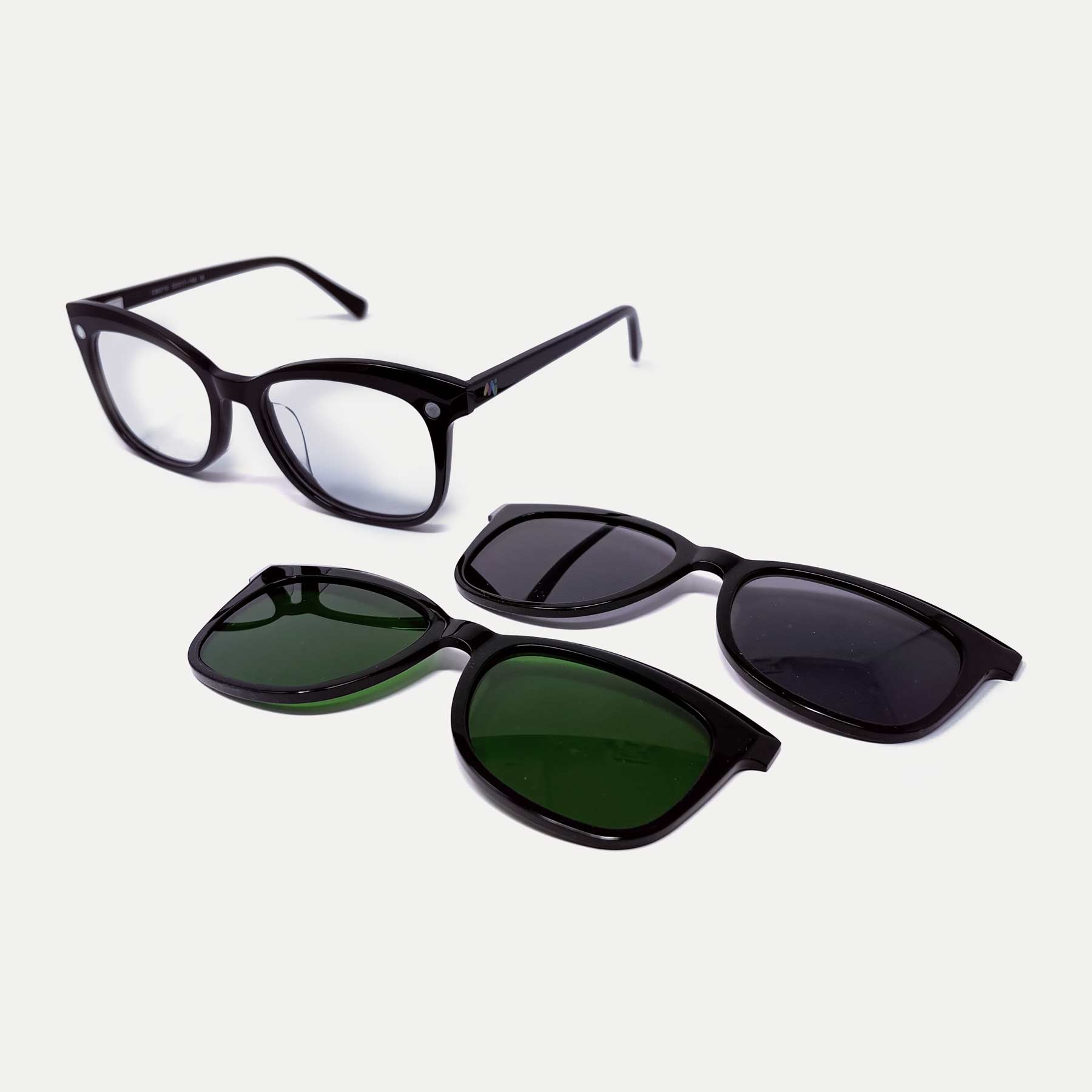 A pair of MiClip glasses showing the sunglasses and nbGL filter lens.