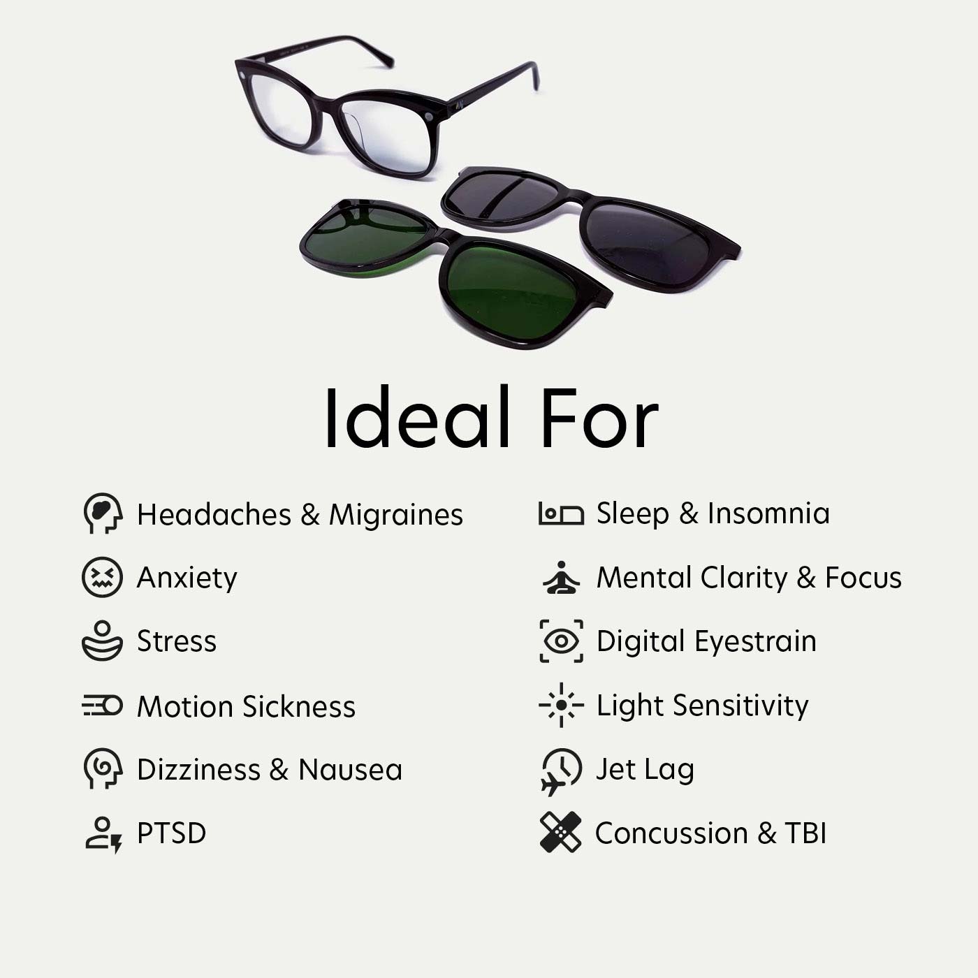 A graphic showing the use cases for the MiClip nbGL clip-on glasses.