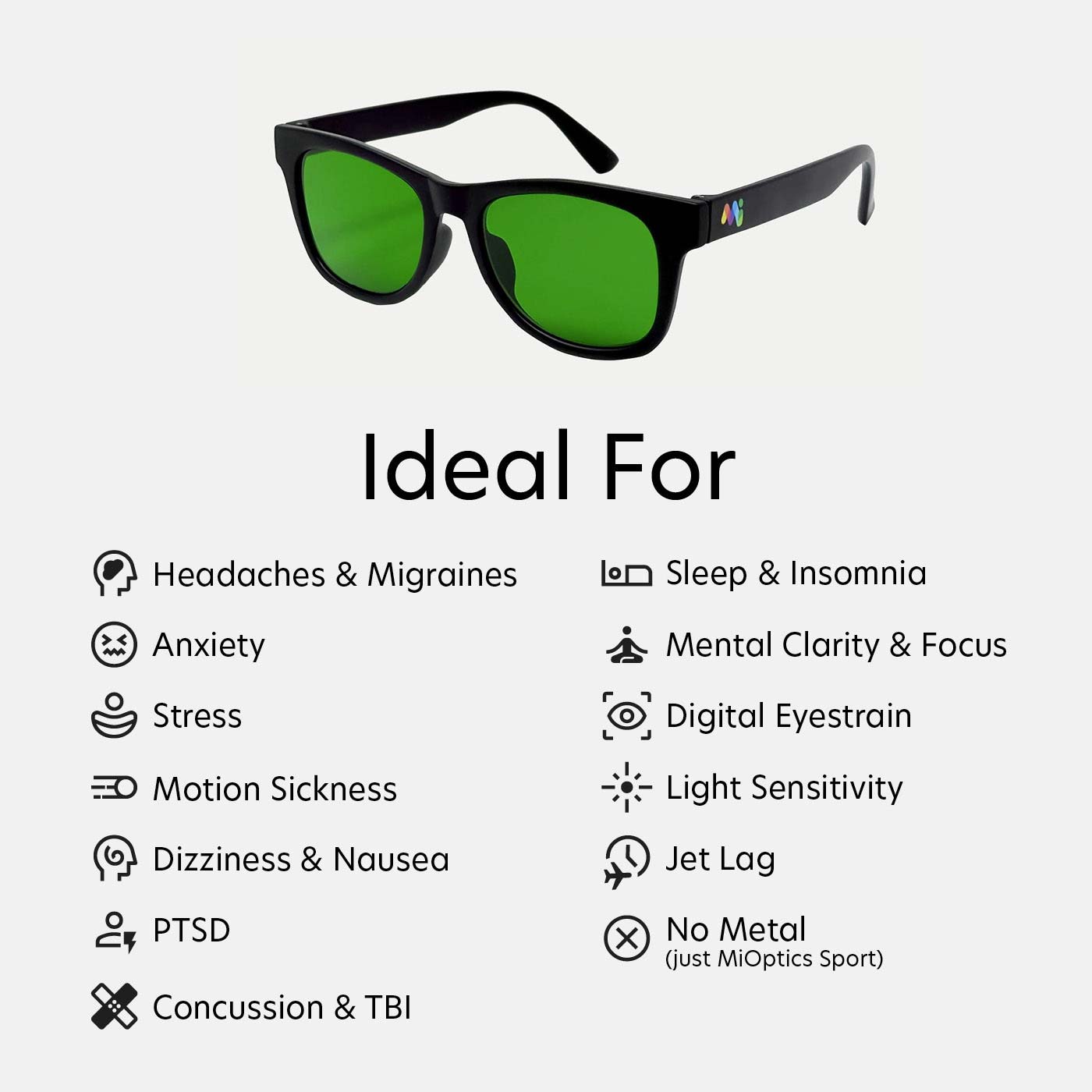 A graphic showing the use cases for the MiOptics Sport nbGL glasses.