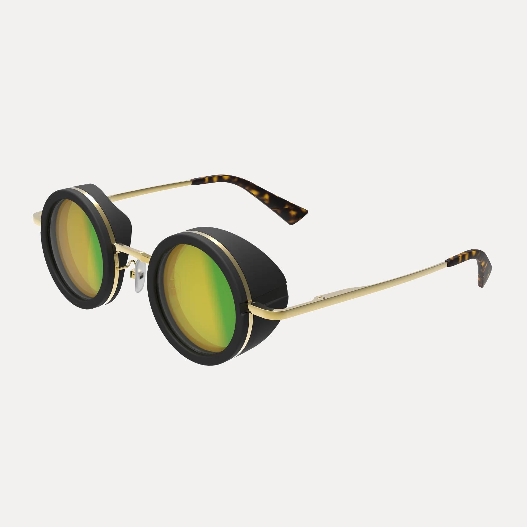 A pair of MiOptics Precise nbGL glasses with a gold metal frame, black eye shields, and Italian acetate temple tips.