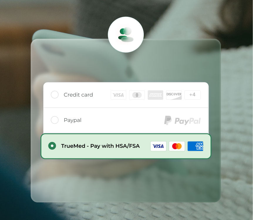 Payment method selection screen with Credit Card, PayPal, and TrueMed options on a blurred background