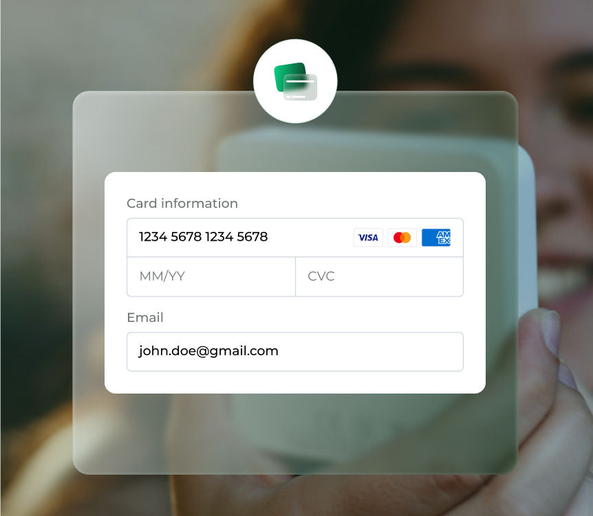 Placeholder image with credit card information form and blurred person in the background